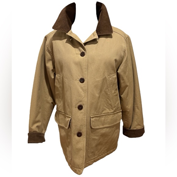 L.L. Bean Jackets & Blazers - LL BEAN TAN CANVAS BARN JACKET BROWN CORDUROY COLLAR VINTAGE QUILT LINED SZ MP